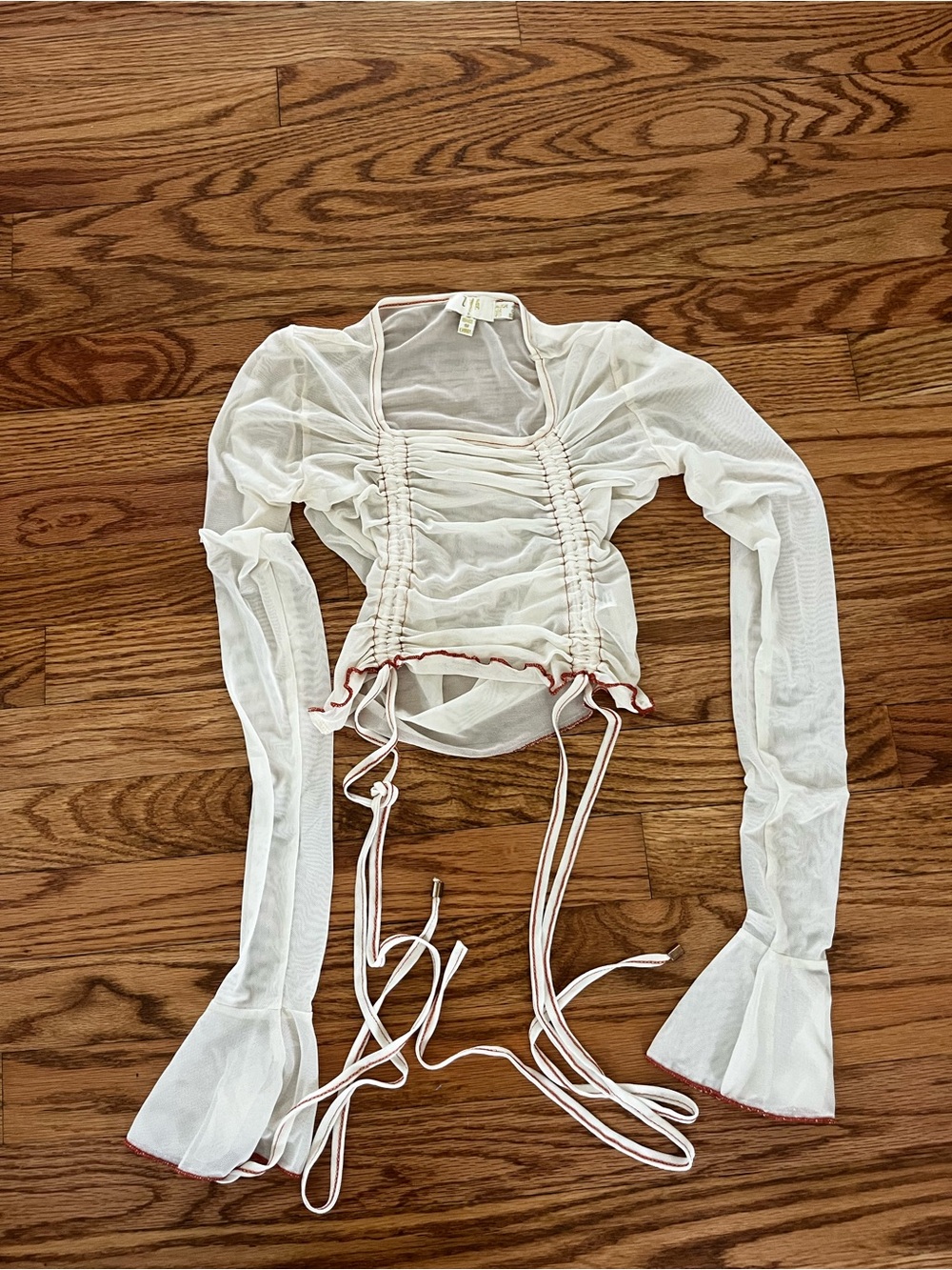 Sheer Ivory Ruched Tie-Waist Long Sleeve Top